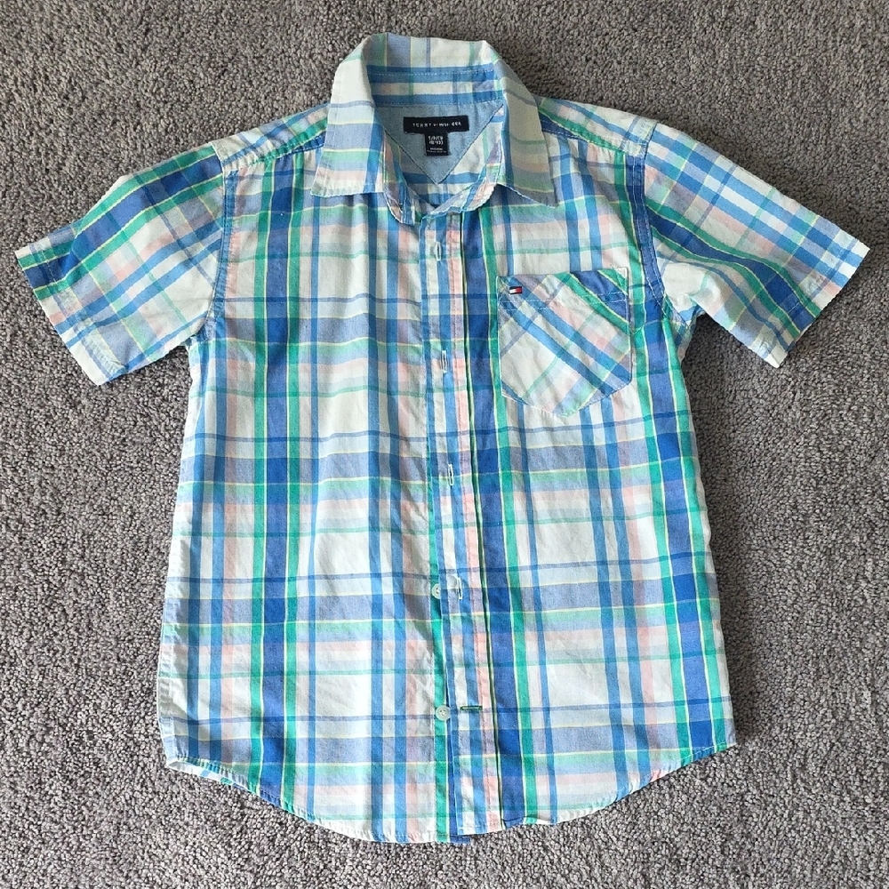 Tommy HILFIGER Blue and Green Plaid Short Sleeve Shirt